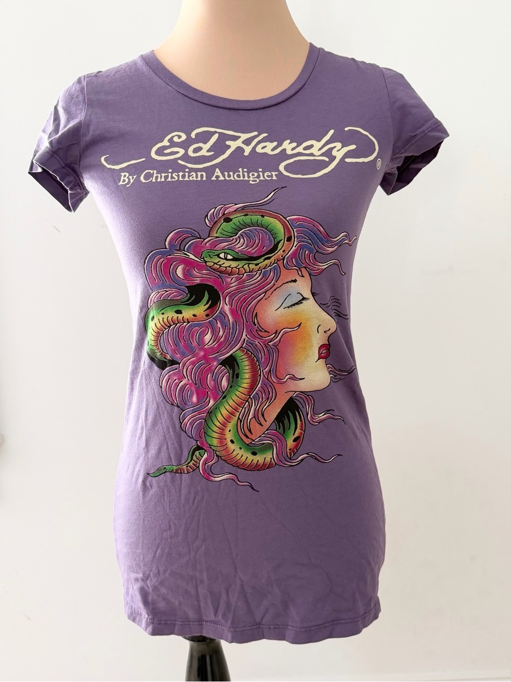 Ed Hardy Lavender Tee Vibrant Medusa Graphic